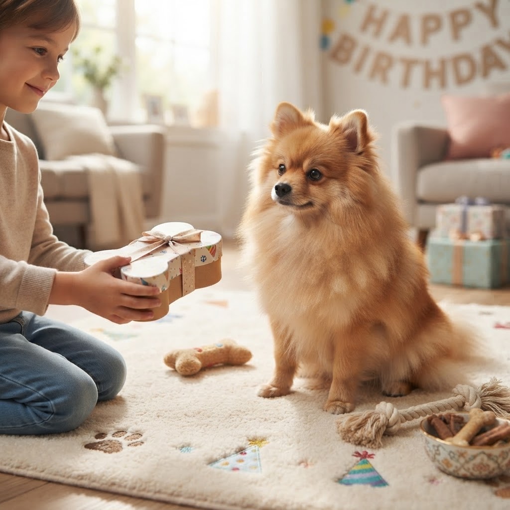 On a decorated rug, a child offering a bone-shaped gift