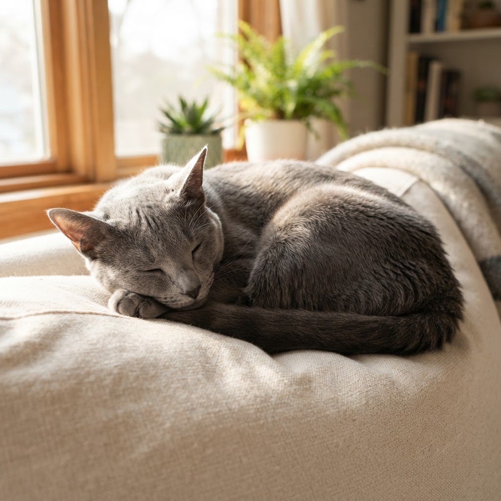 Sleeping peacefully curled up on a cozy couch cushion