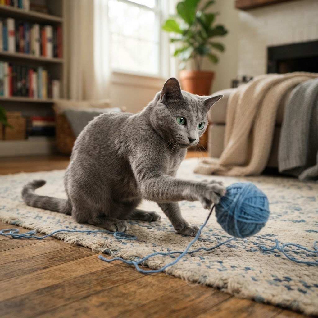 Playing with a ball of blue yarn
