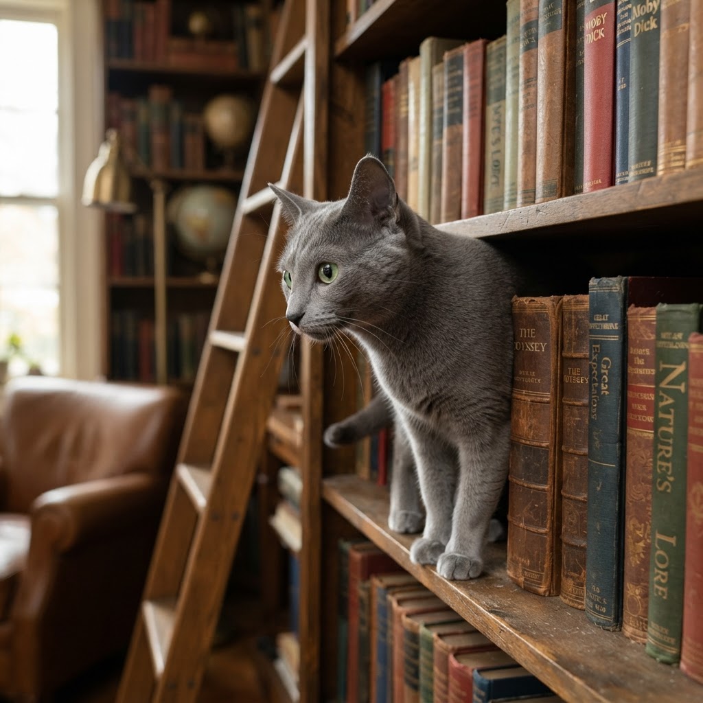 Curious and alert near an open bookshelf