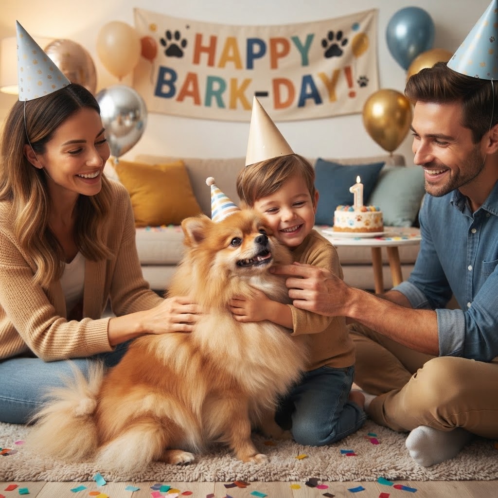 Being hugged by a child, family in party hats
