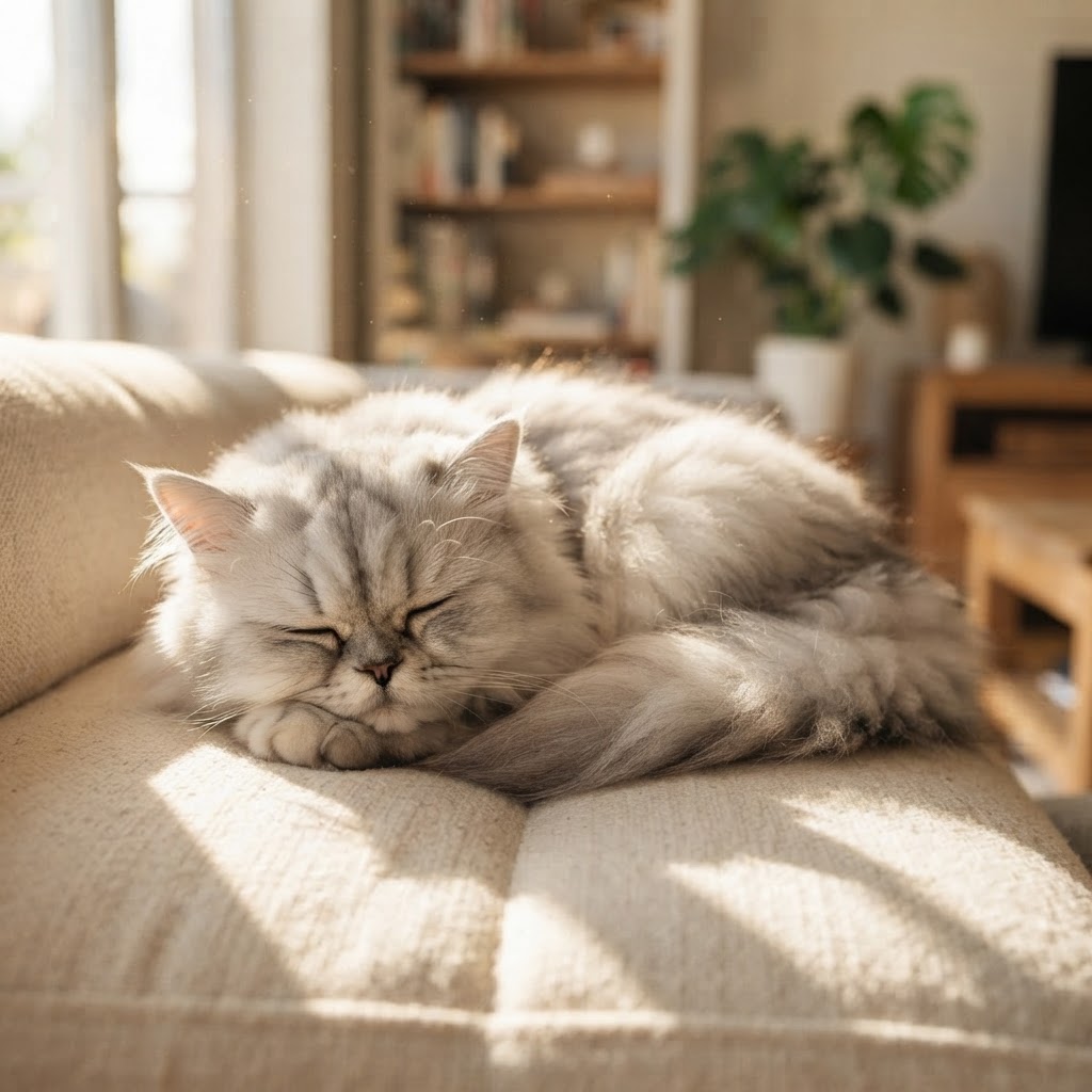 Curled up sleeping on a plush sofa cushion