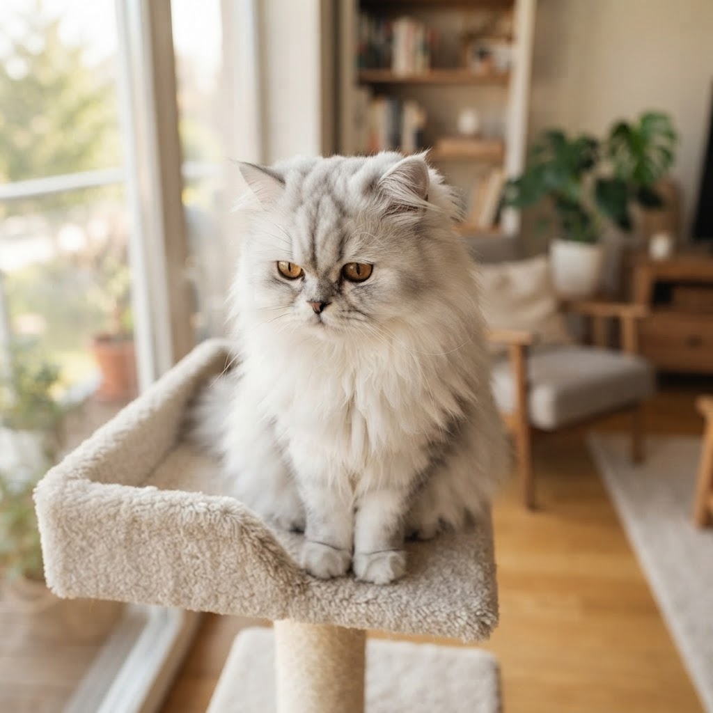 Sitting on a cat tree perch by the window