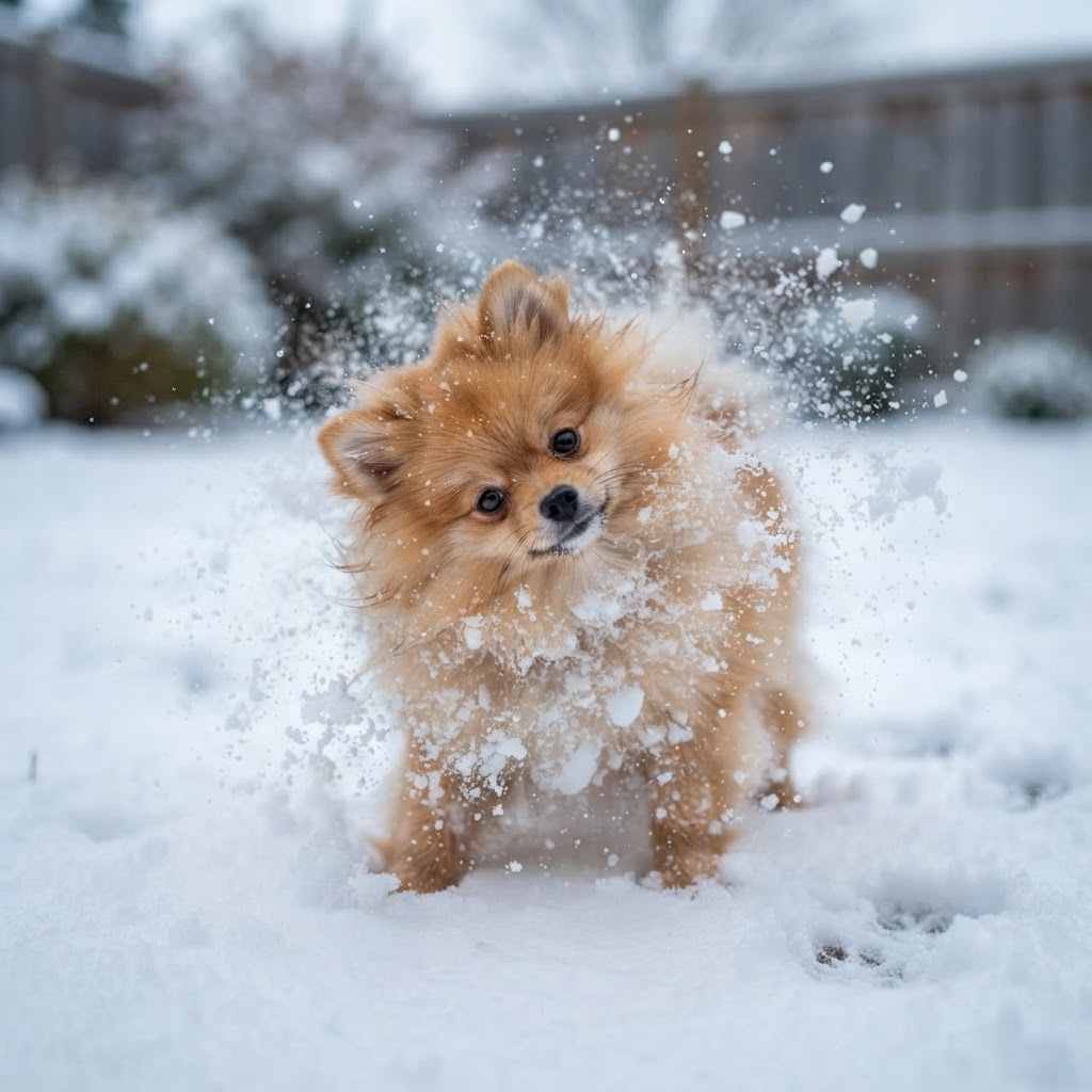 Shaking snow off its fur, energetic mid-shake