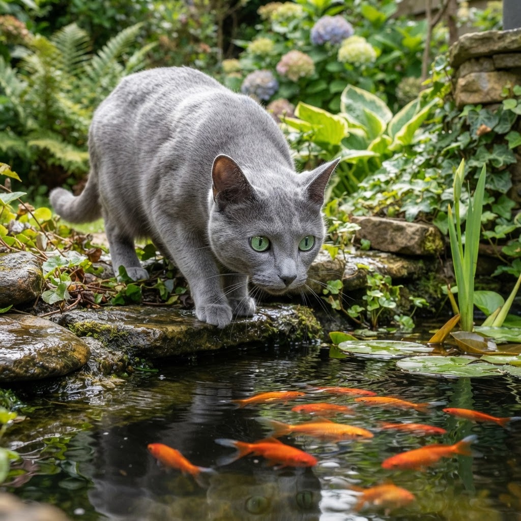 Watching goldfish in a garden pond
