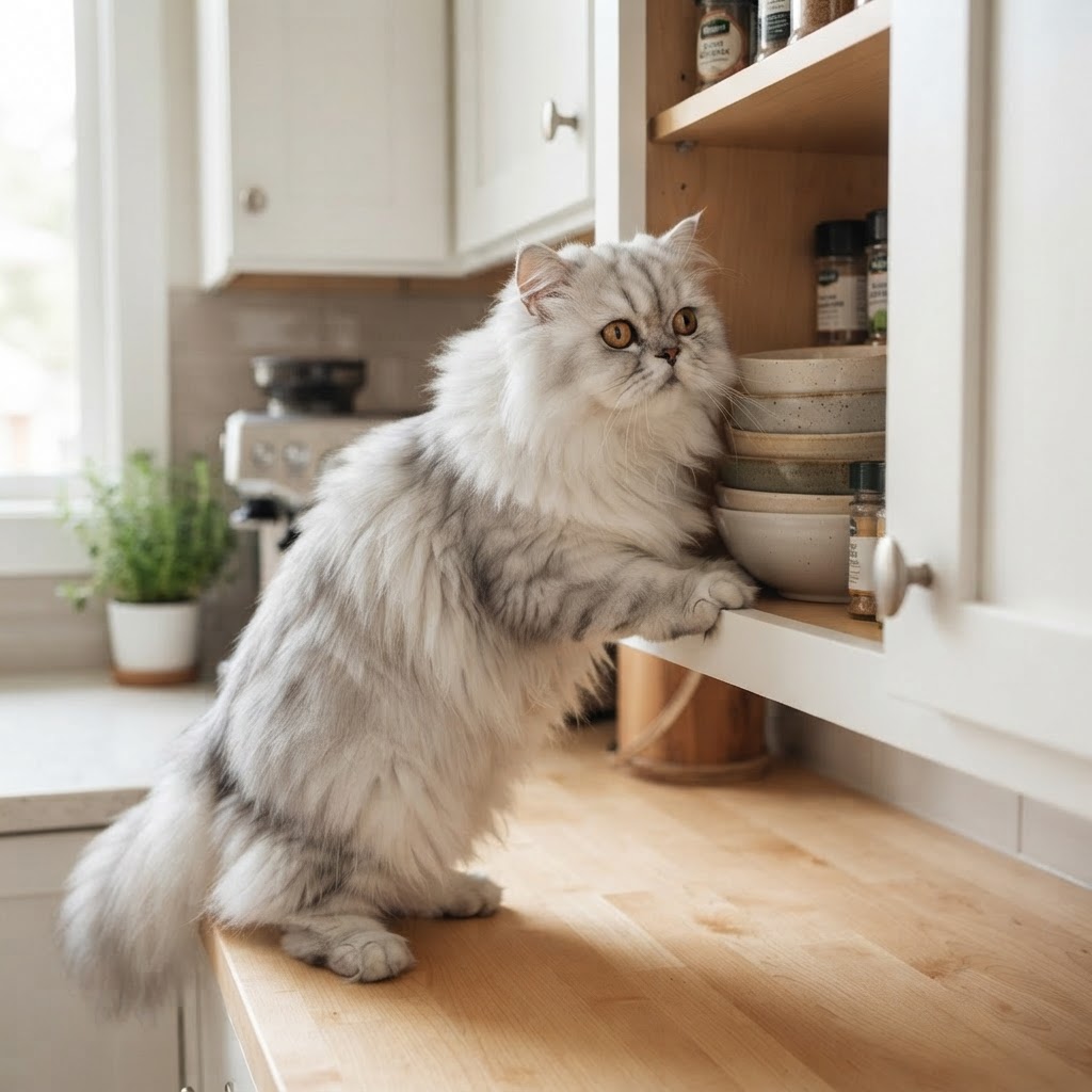 Investigating an open kitchen cabinet
