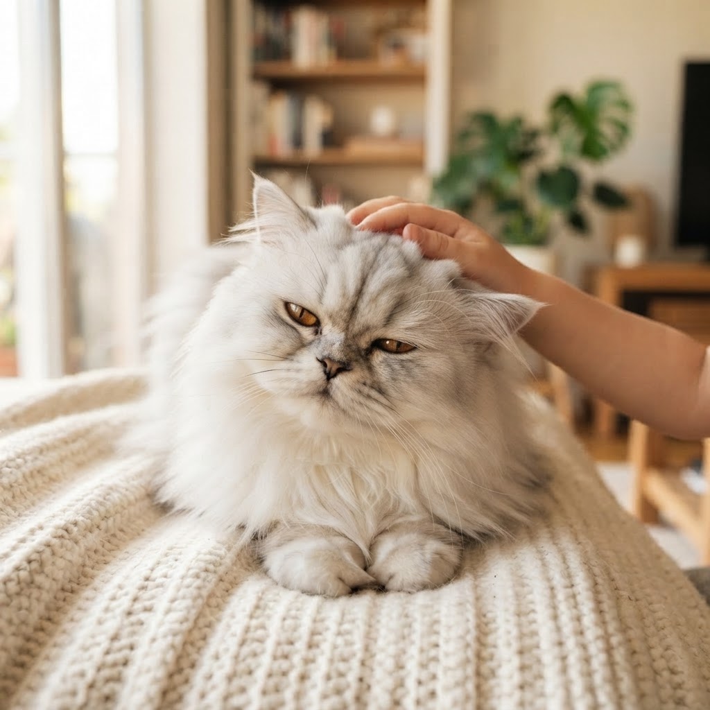 Being petted by a child's hand, eyes half-closed