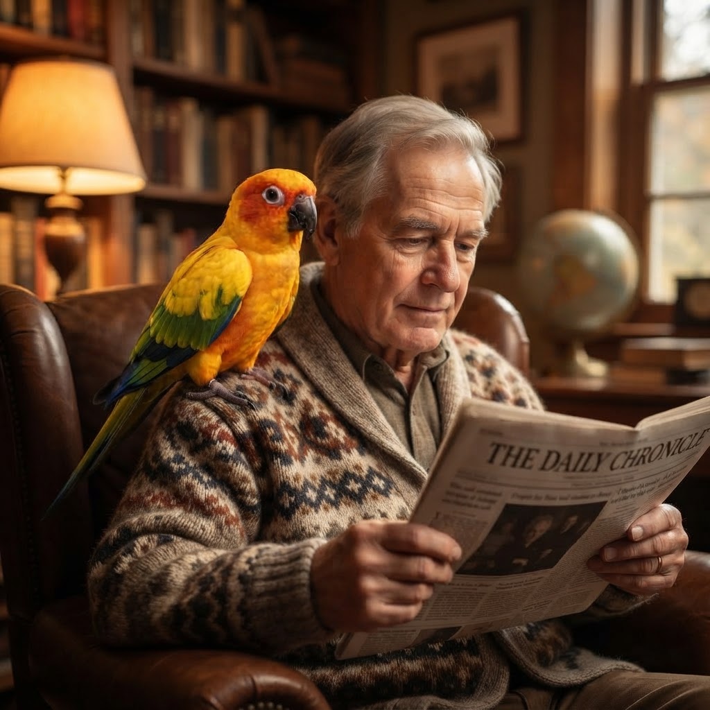 Perched on grandfather's shoulder reading newspaper