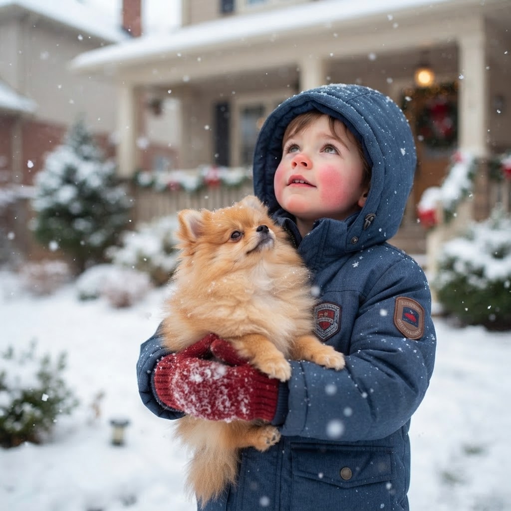 In a child's mittened arms, both watching snowflakes
