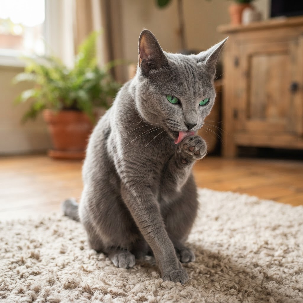 Grooming itself on a soft beige rug