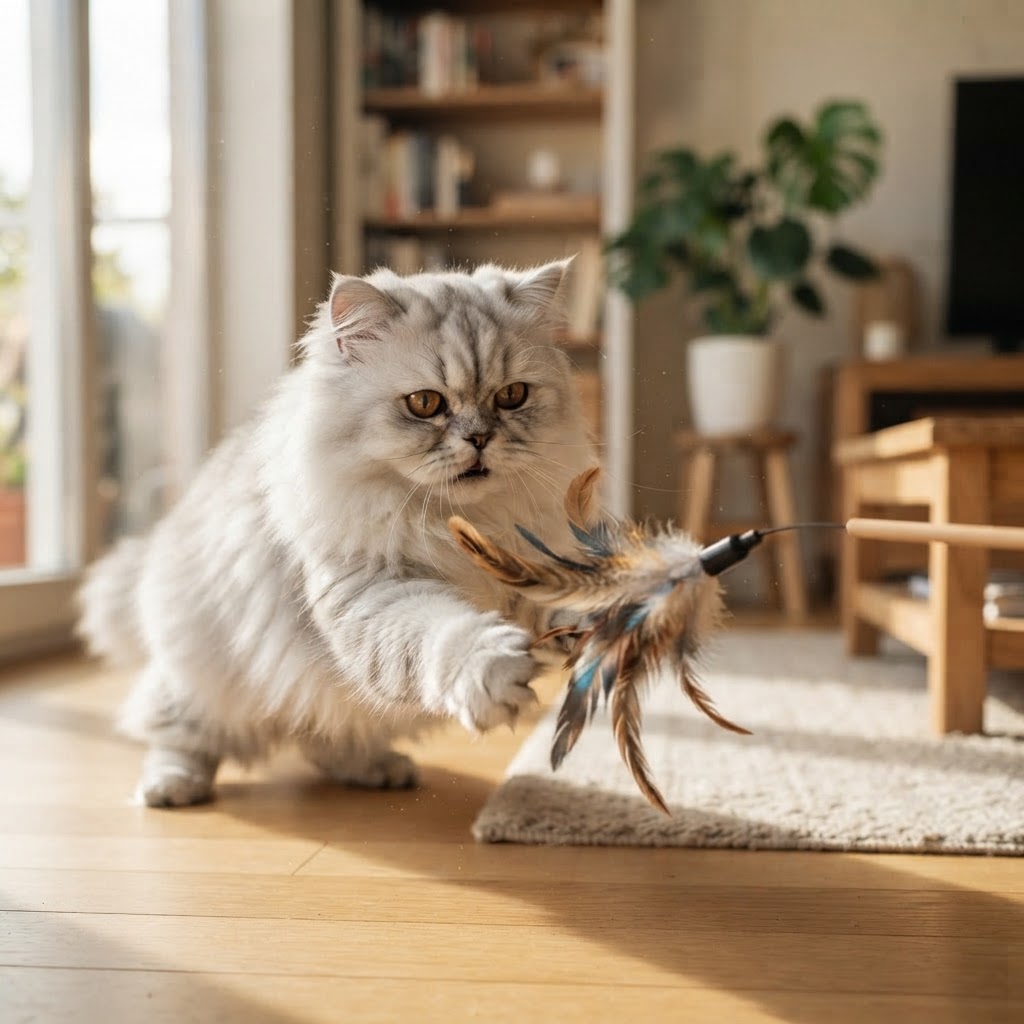 Playing with a feather wand toy on the living room floor