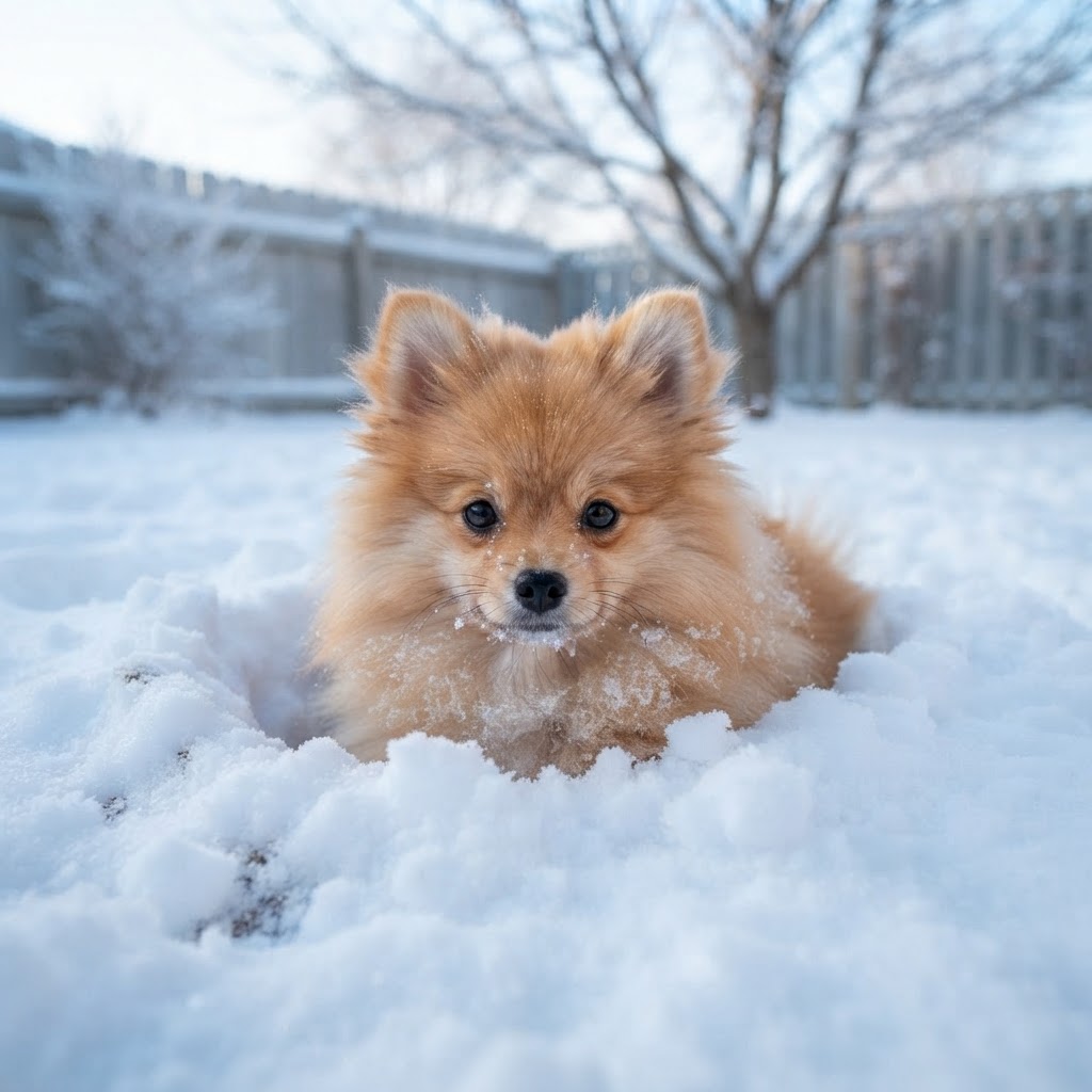 Curled in a snow nest it dug, face peeking out