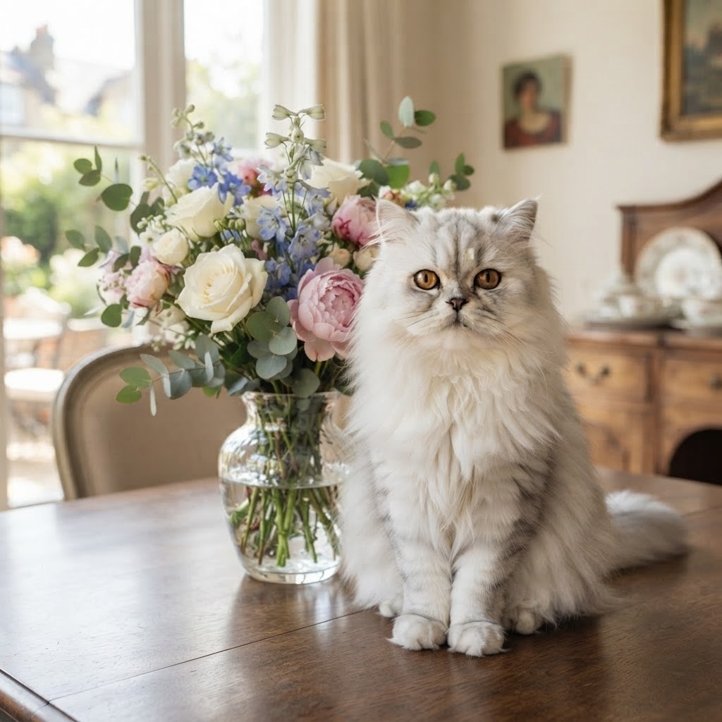 Sitting on the dining table next to fresh flowers