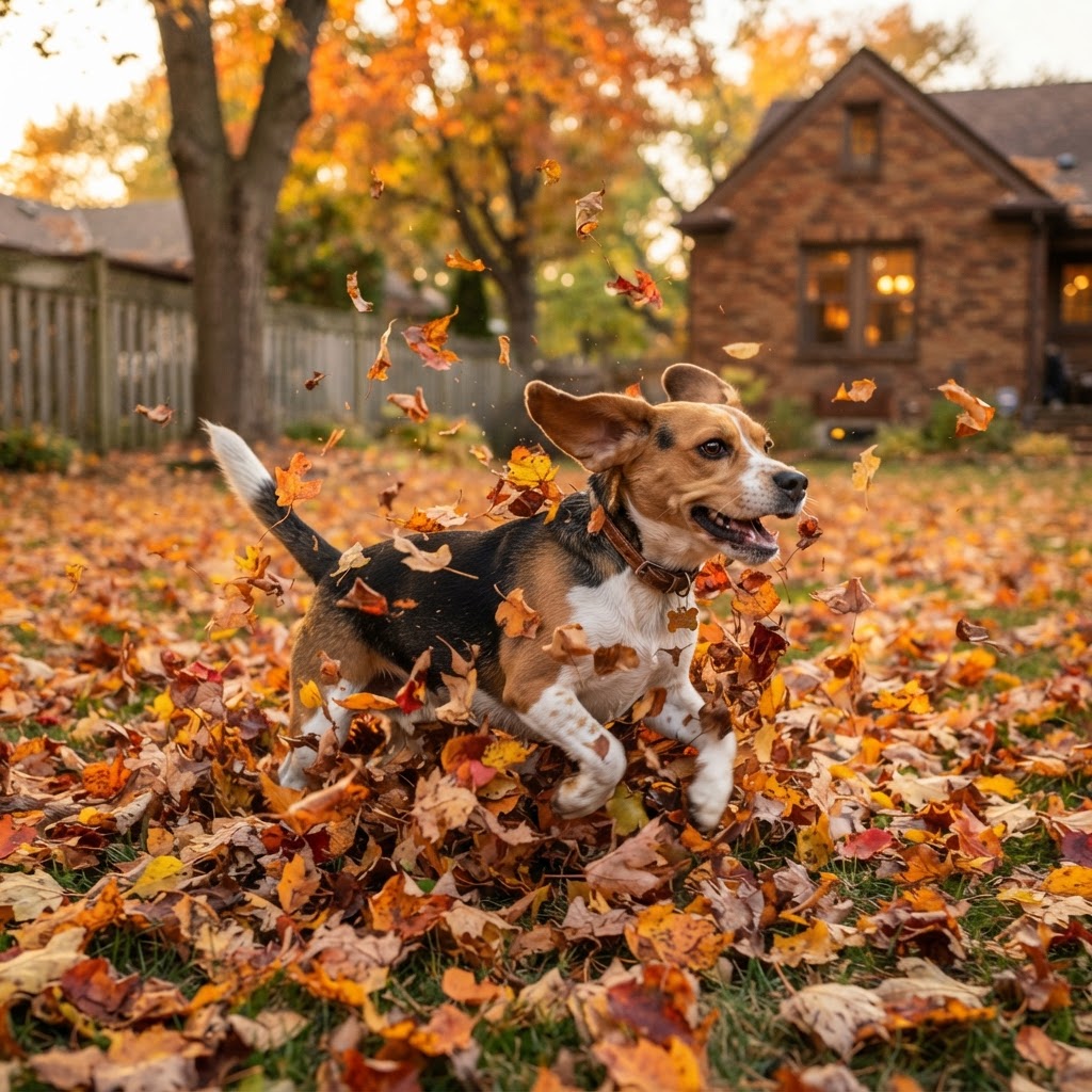 Running through autumn leaves