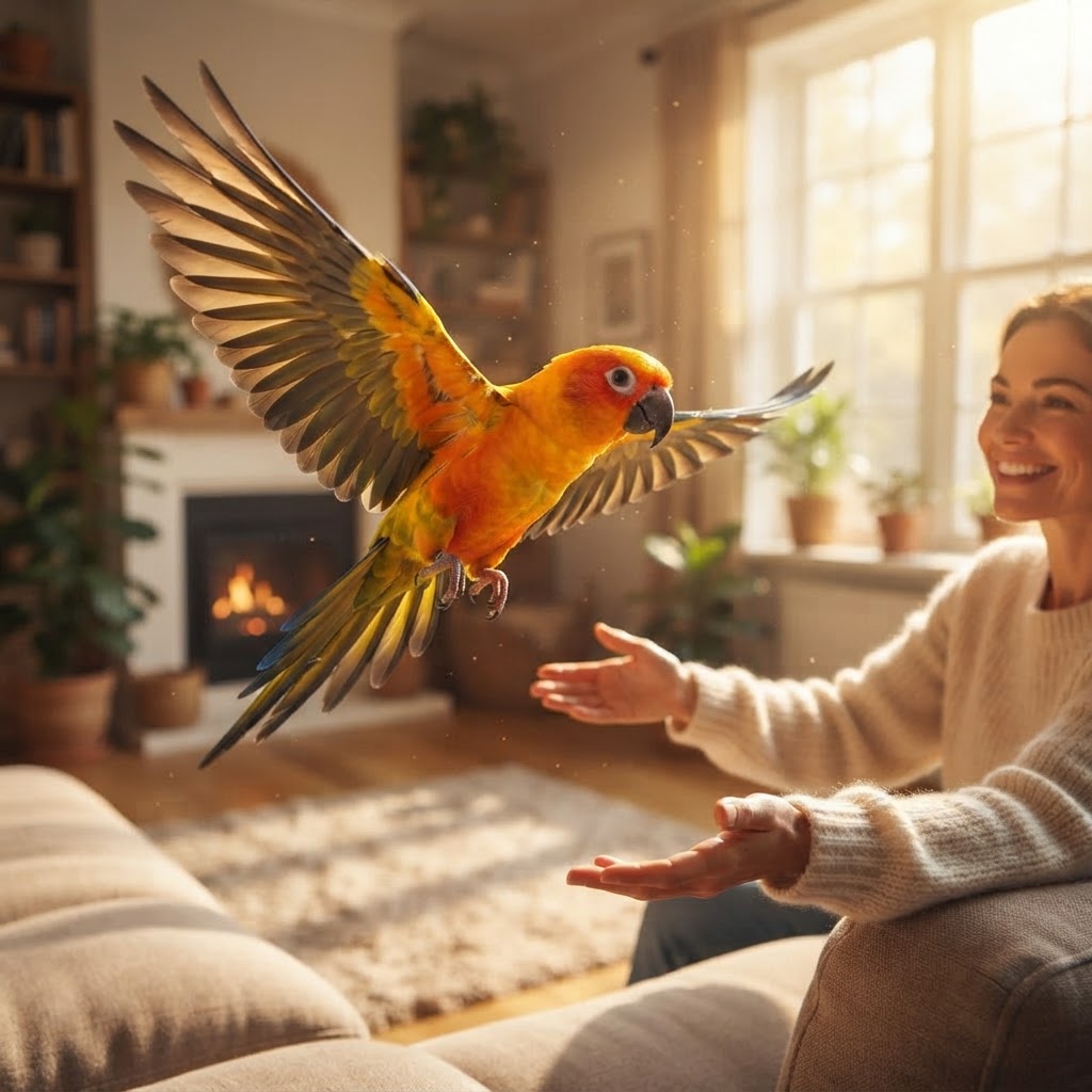 Flying across living room to owner's open arms