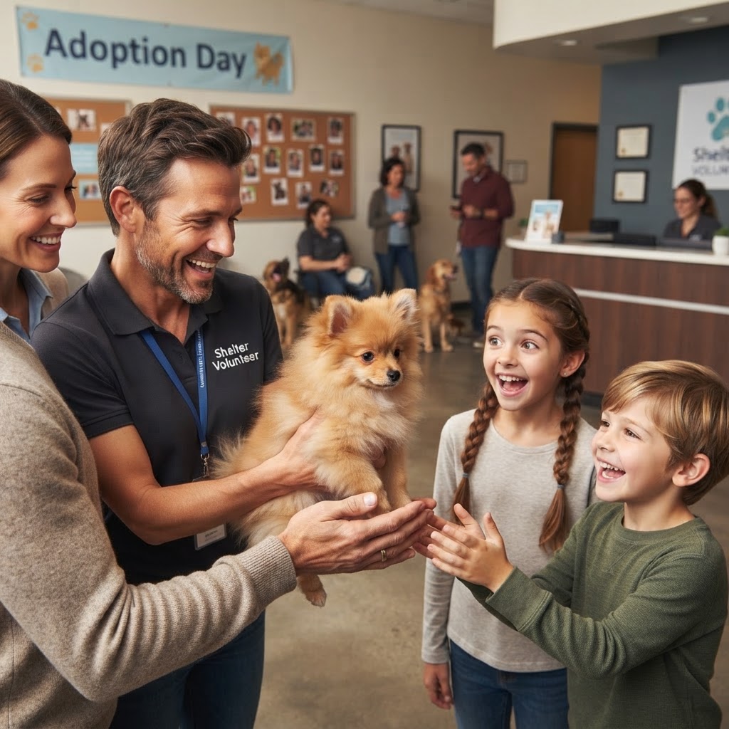 Being handed to dad by the shelter volunteer