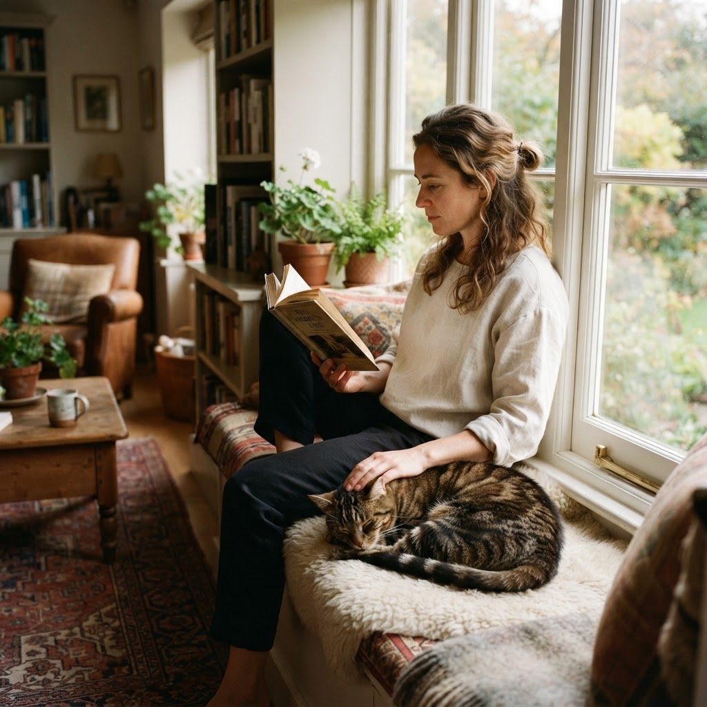 A person reading at home in the afternoon light with their cat curled beside them