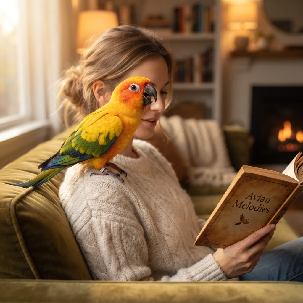 Singing on owner's shoulder while reading
