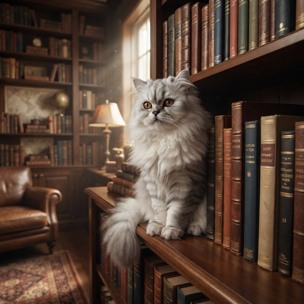 Sitting on a bookshelf between books