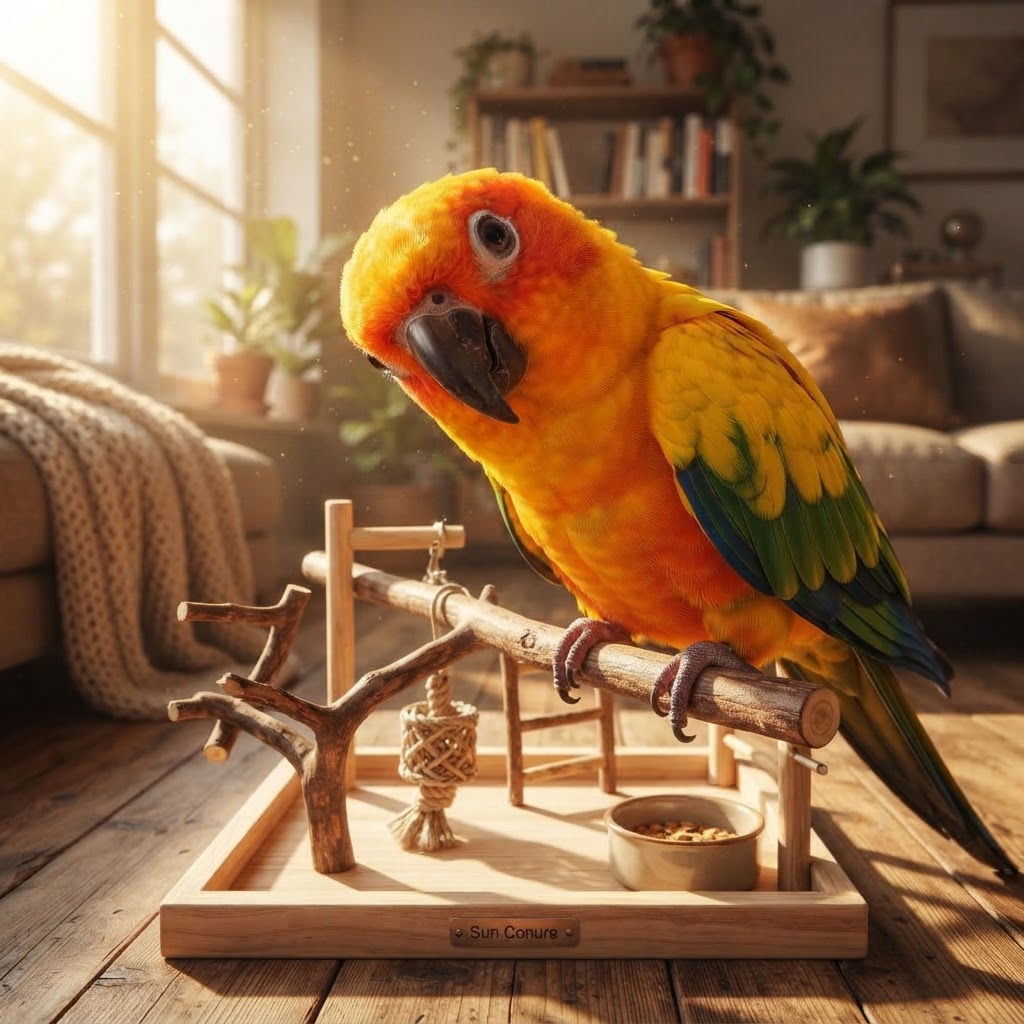 Perched on wooden play stand in sunlit living room