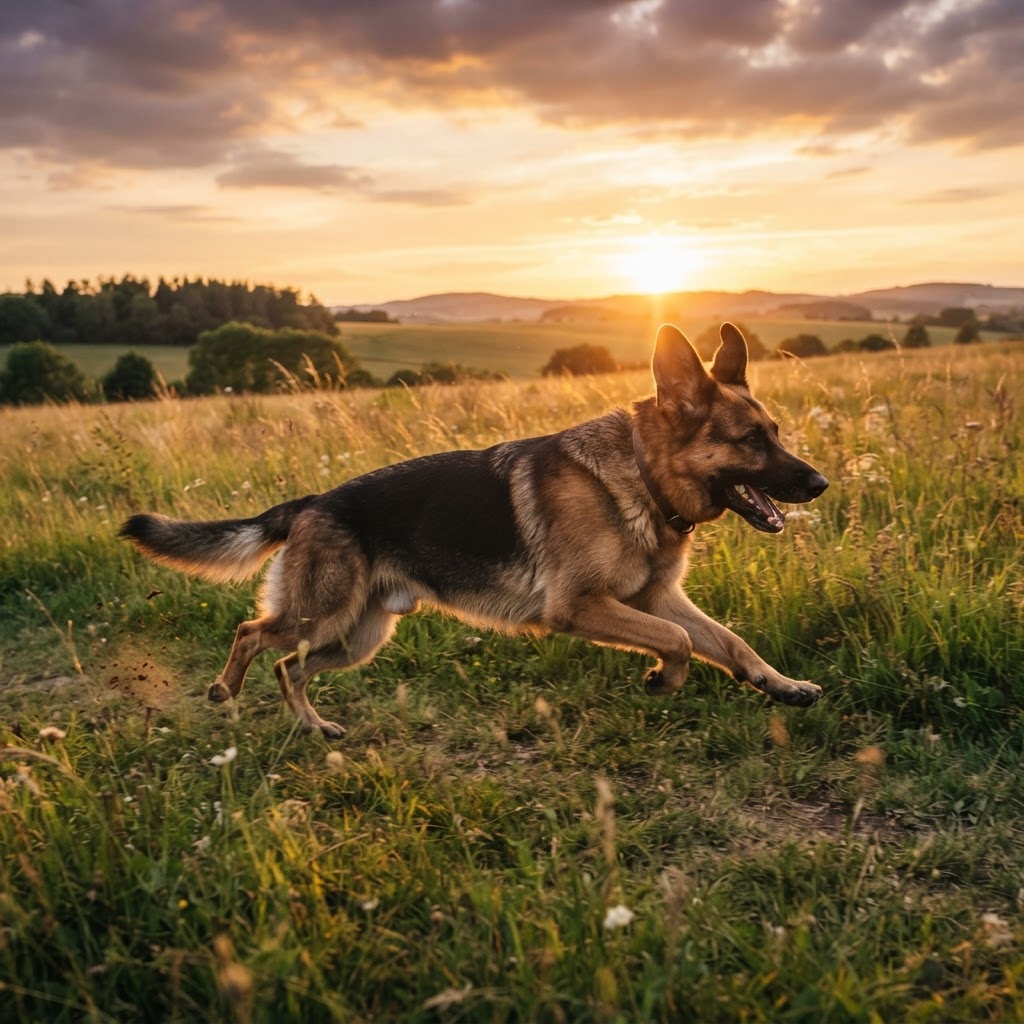 German Shepherd - Running at Sunset