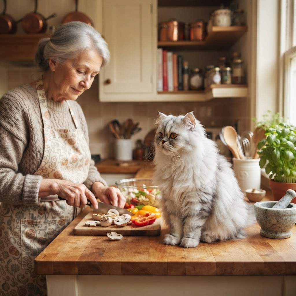 Watching an elderly woman prepare food in the kitchen
