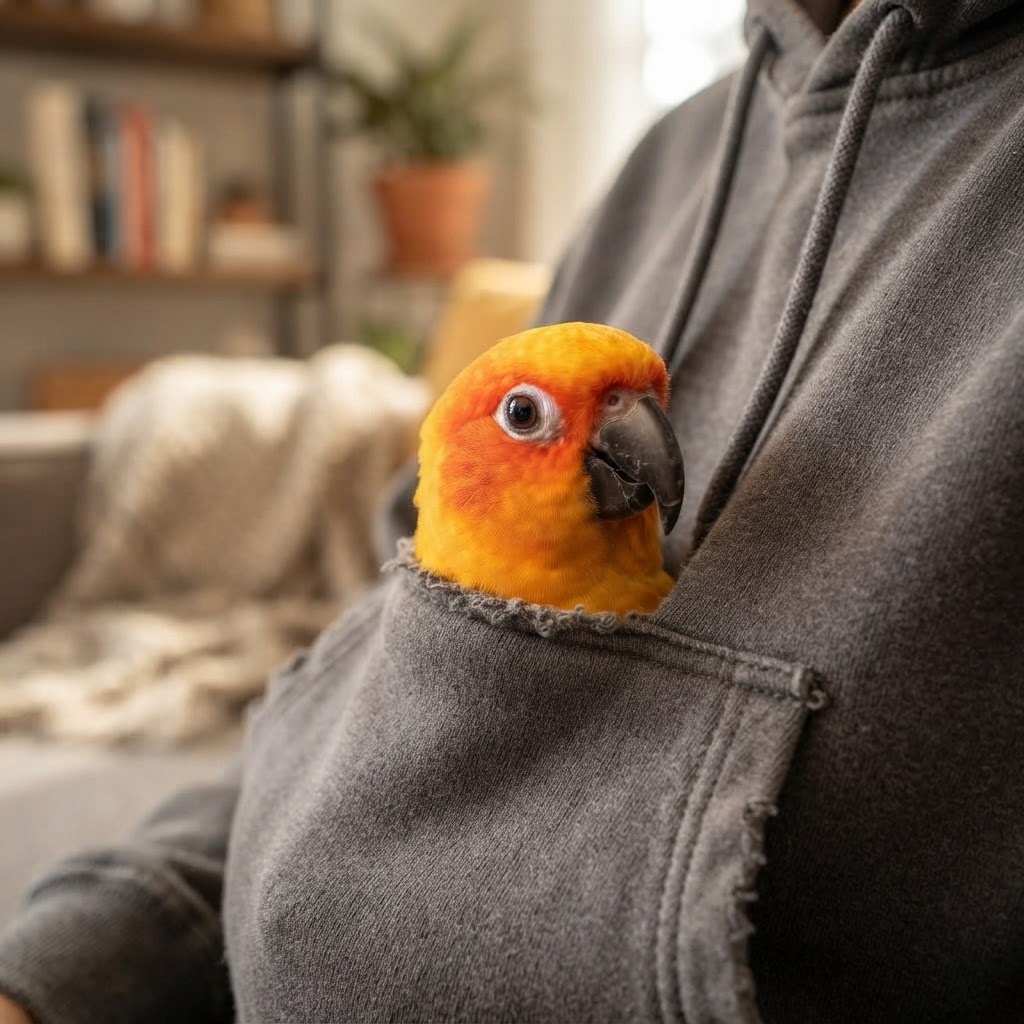 Peeking out from hoodie pocket