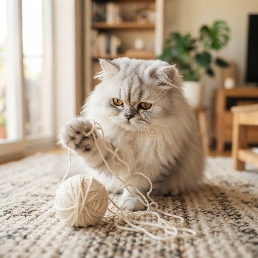 Playing with a ball of yarn on the rug