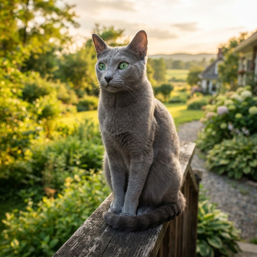 Sitting elegantly on a wooden porch railing