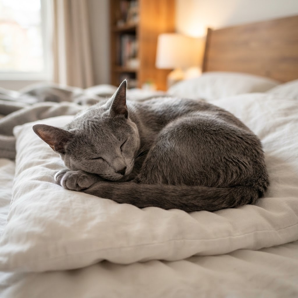 Curled up sleeping on a white bed pillow