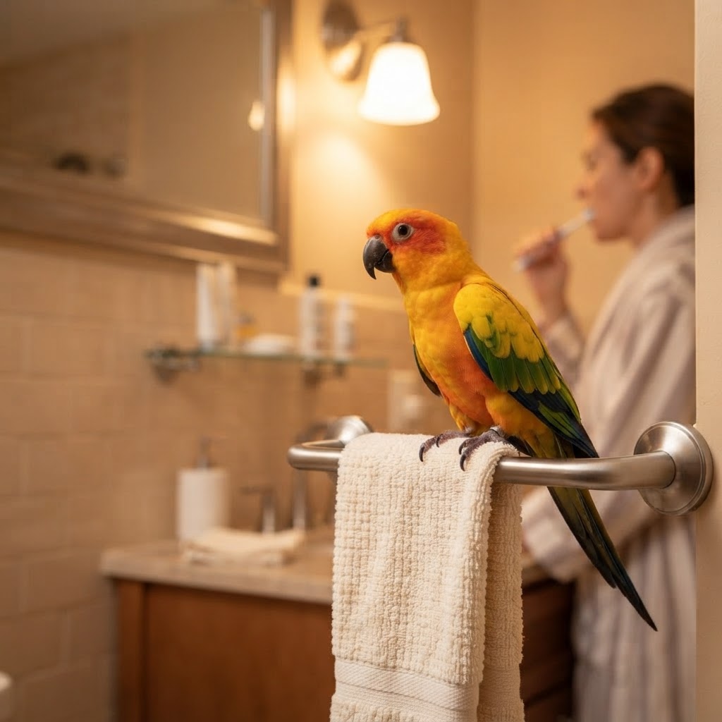 Watching owner brush teeth from towel rack