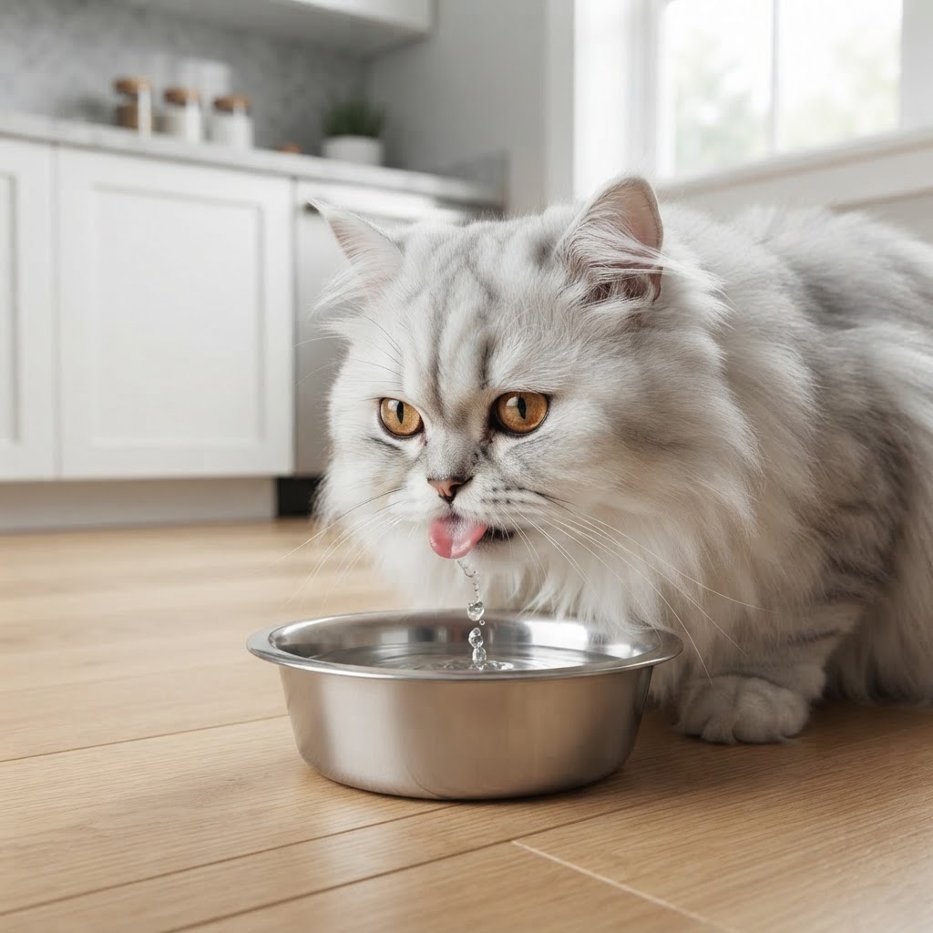 Drinking water from a stainless steel bowl