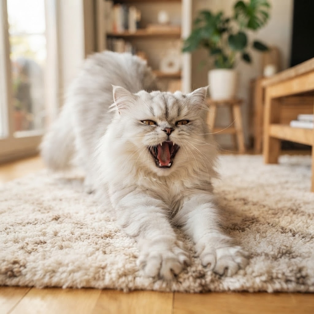 Stretching and yawning on a soft rug