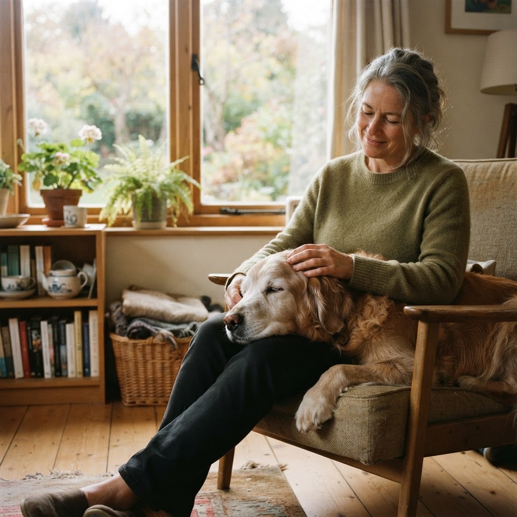 An older dog resting its head on its person's lap in soft window light