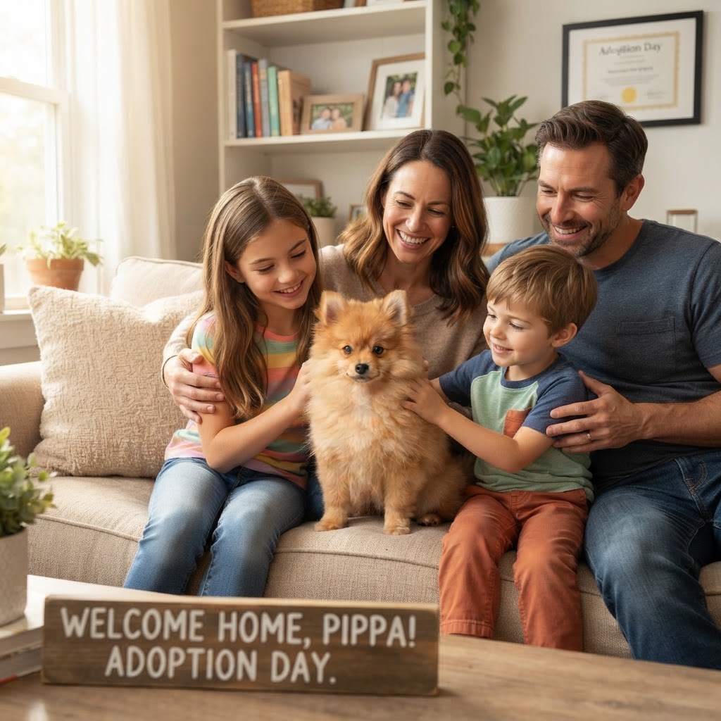 On the family couch between two children petting it