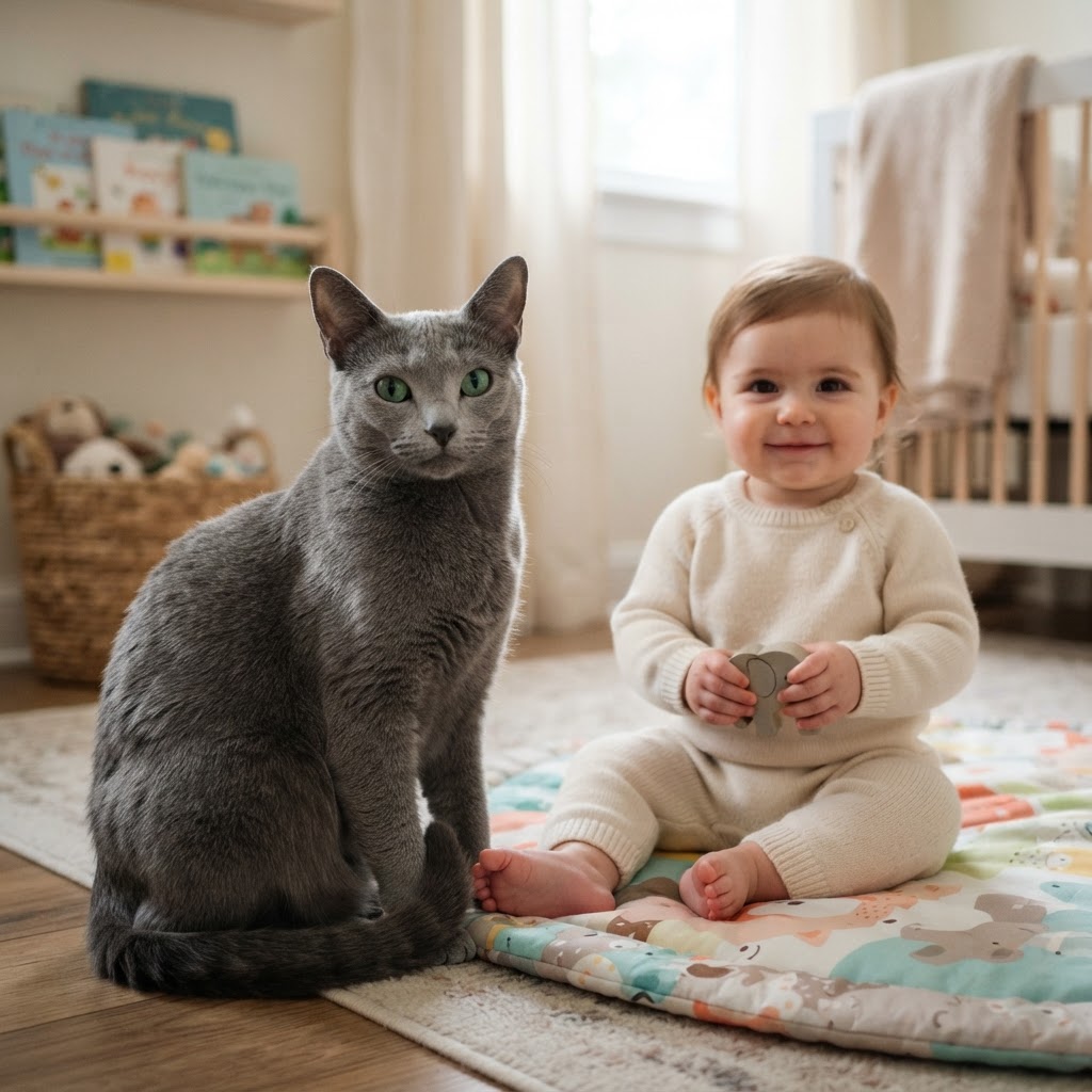 Sitting peacefully beside a baby on a play mat