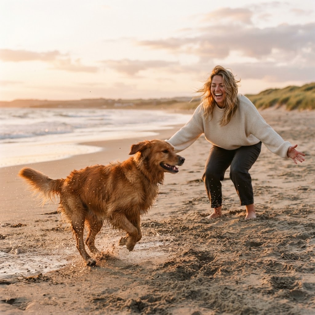 A dog sprinting toward its person along a sunlit beach — one of those moments