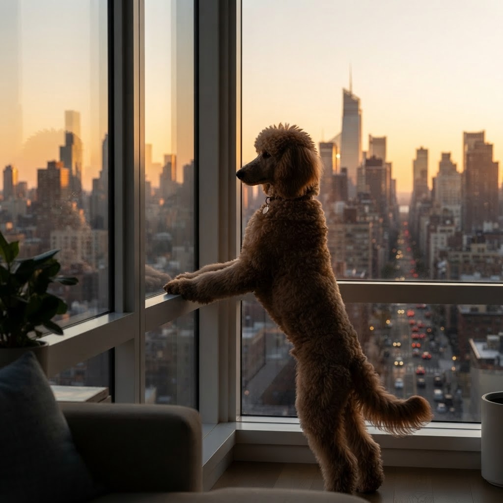 Standard Poodle - Looking Out High-Rise Window