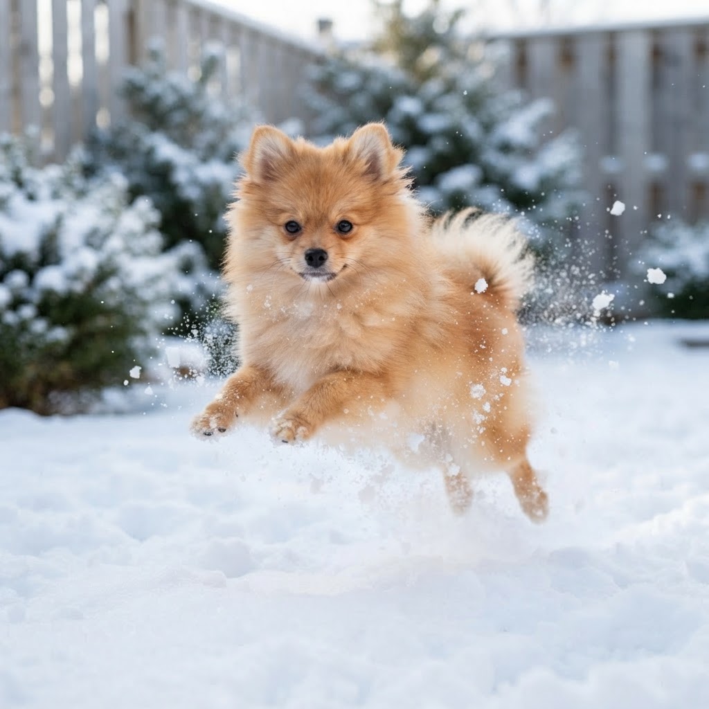 Leaping through the snow, joyful mid-jump