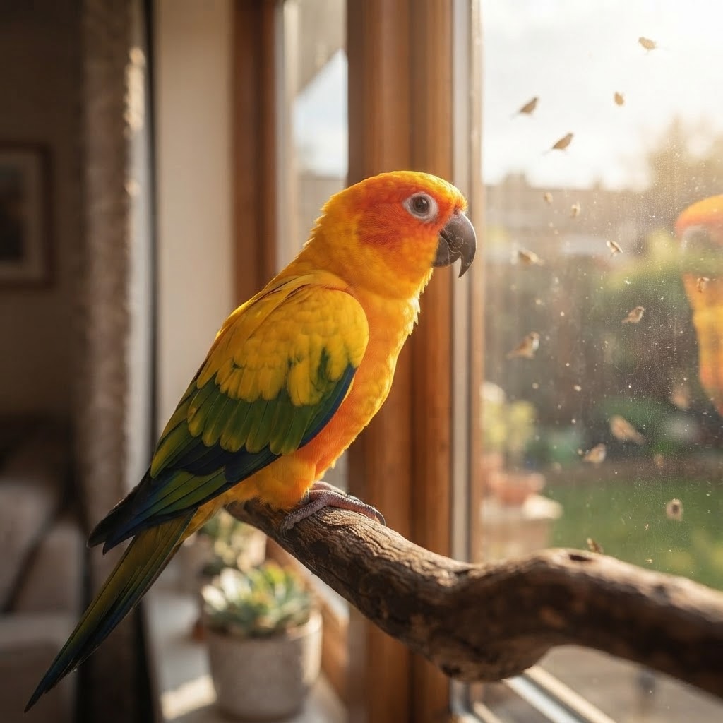 Sitting on window perch watching birds outside