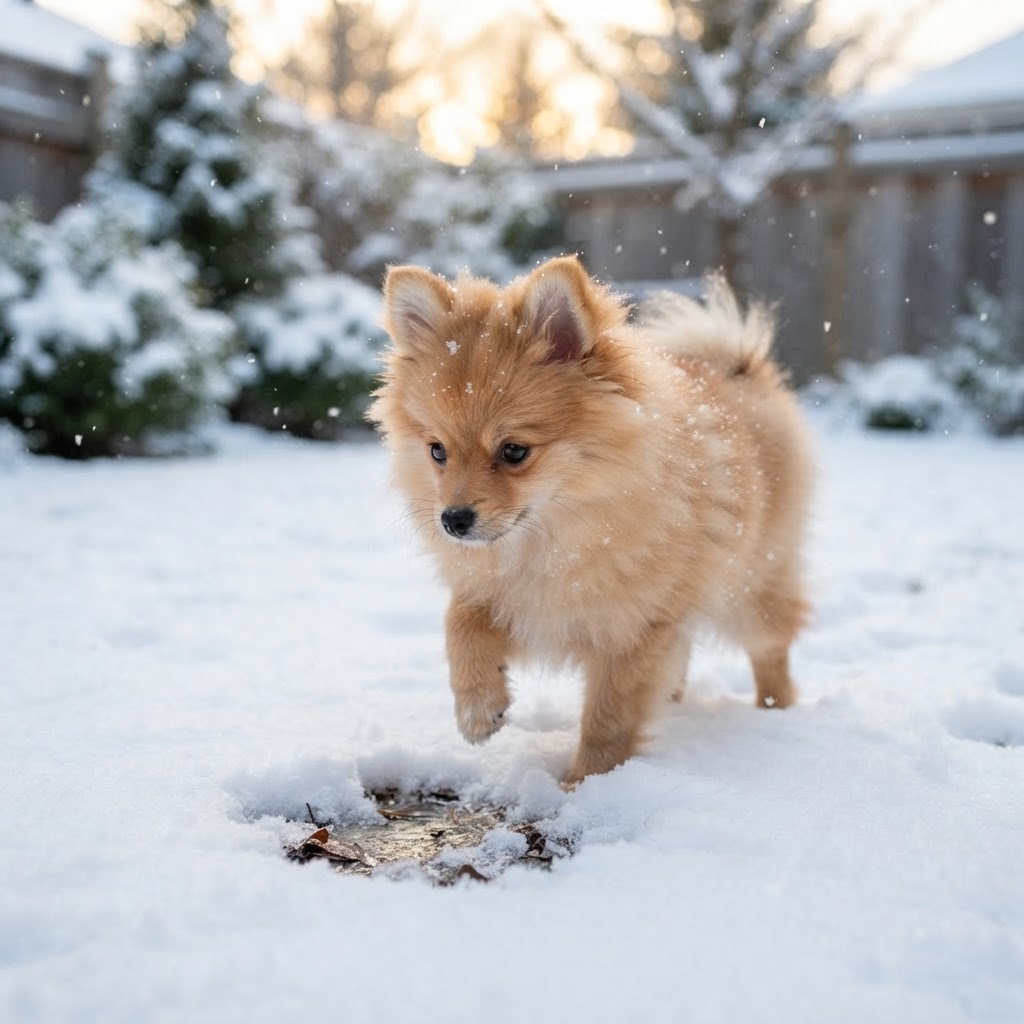 First steps in fresh backyard snow, paw lifted mid-step