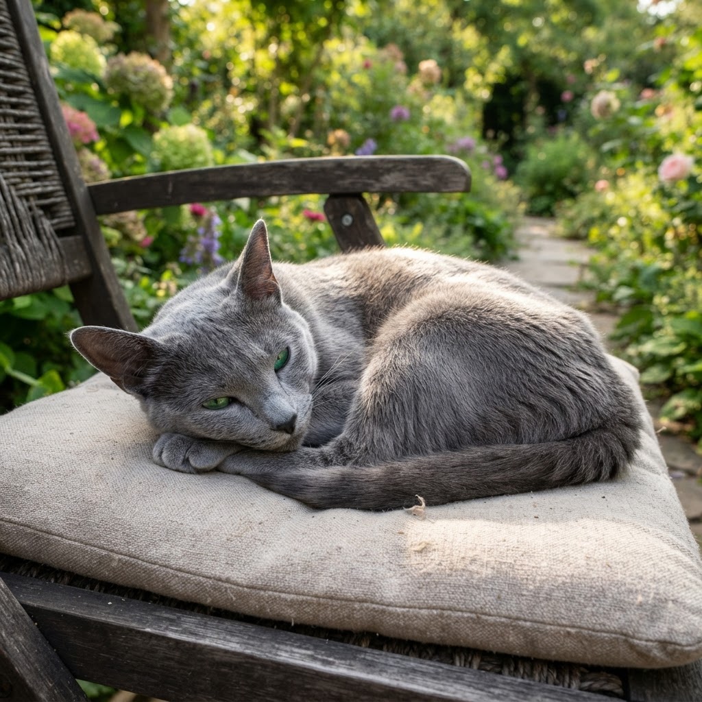 Resting on a patio chair cushion outdoors