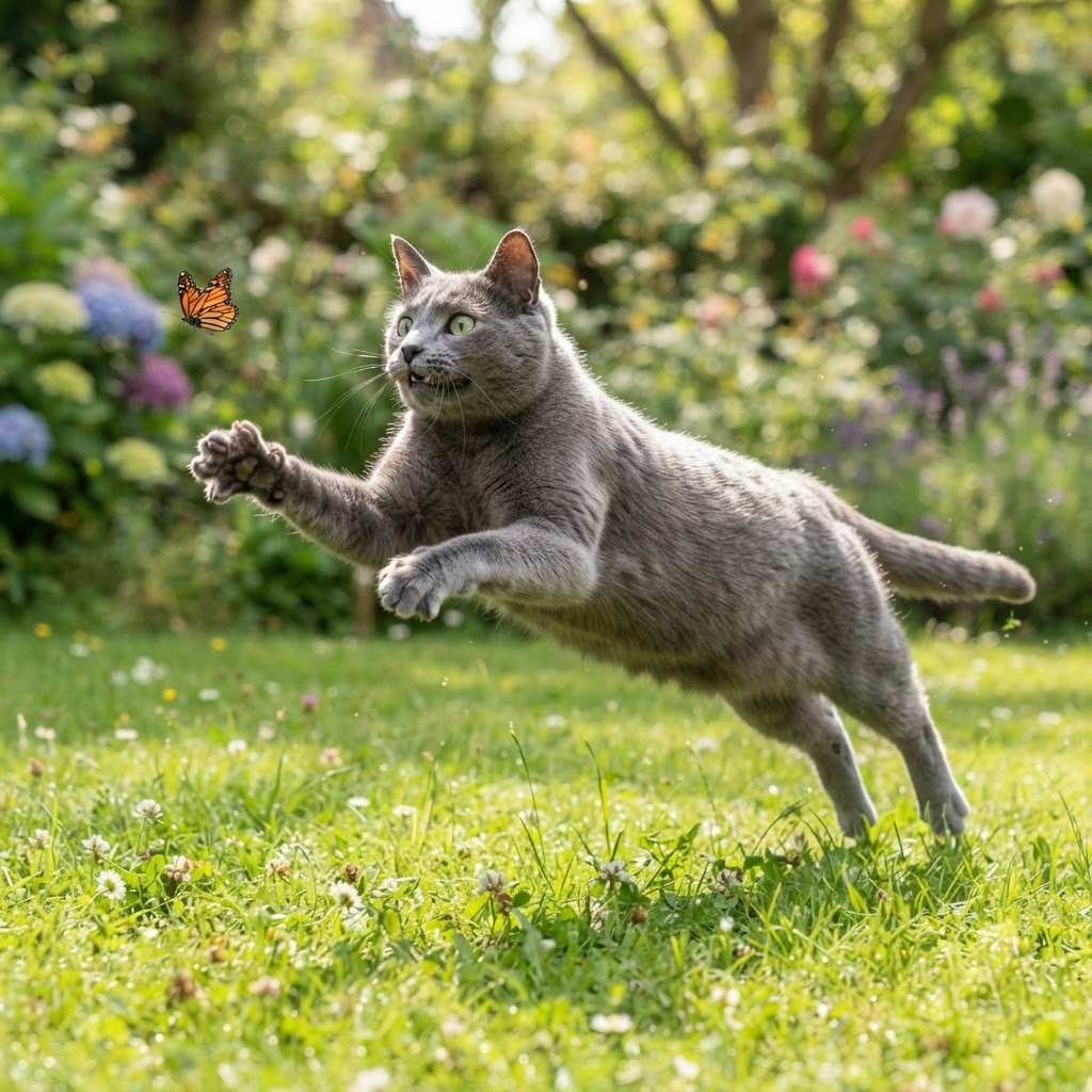 Chasing a butterfly across a green lawn