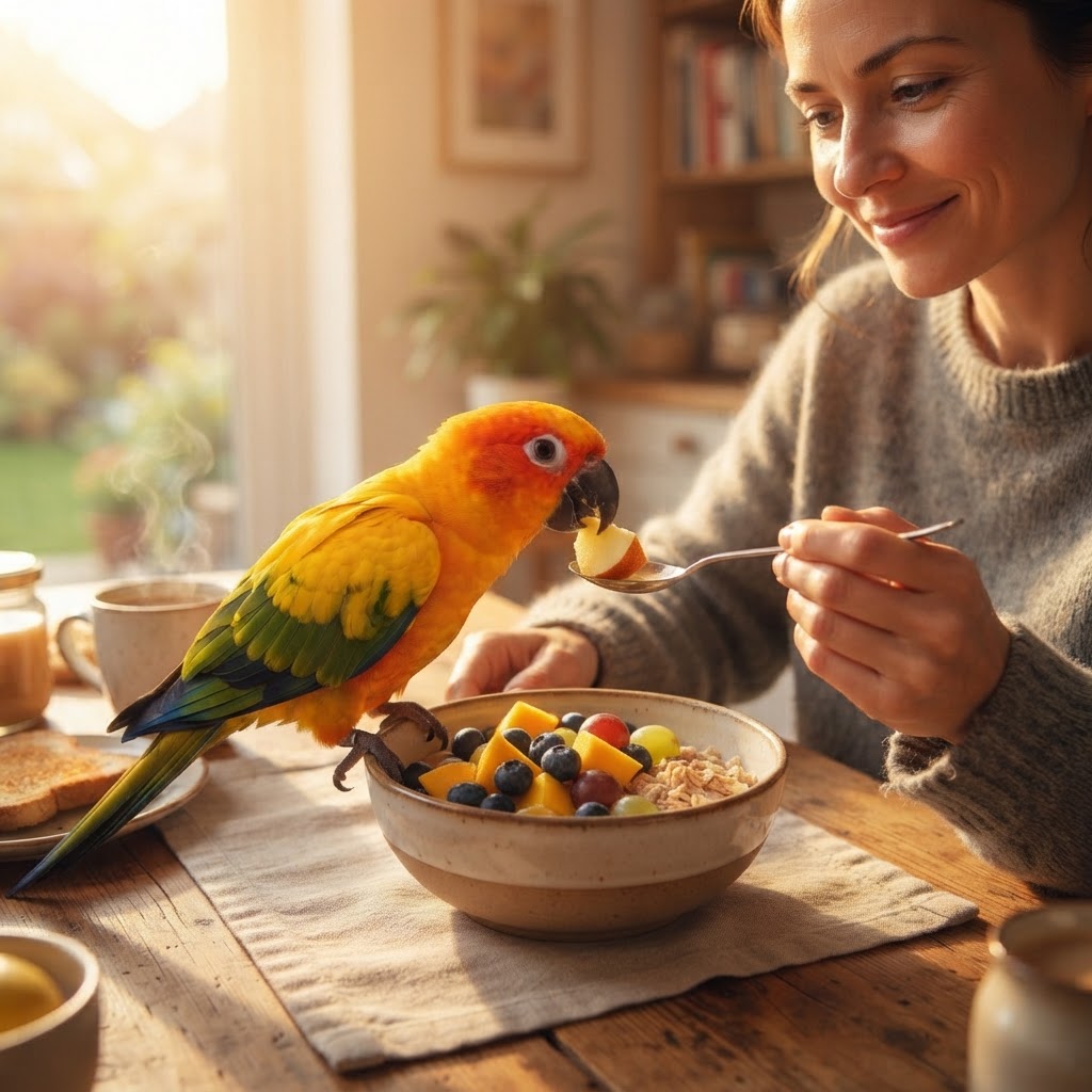 Sharing breakfast with owner at kitchen table