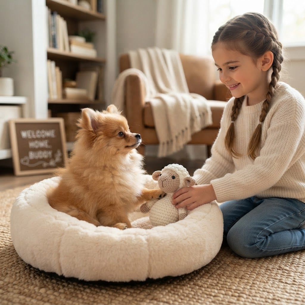 Settling into its new bed, a girl placing a toy beside it
