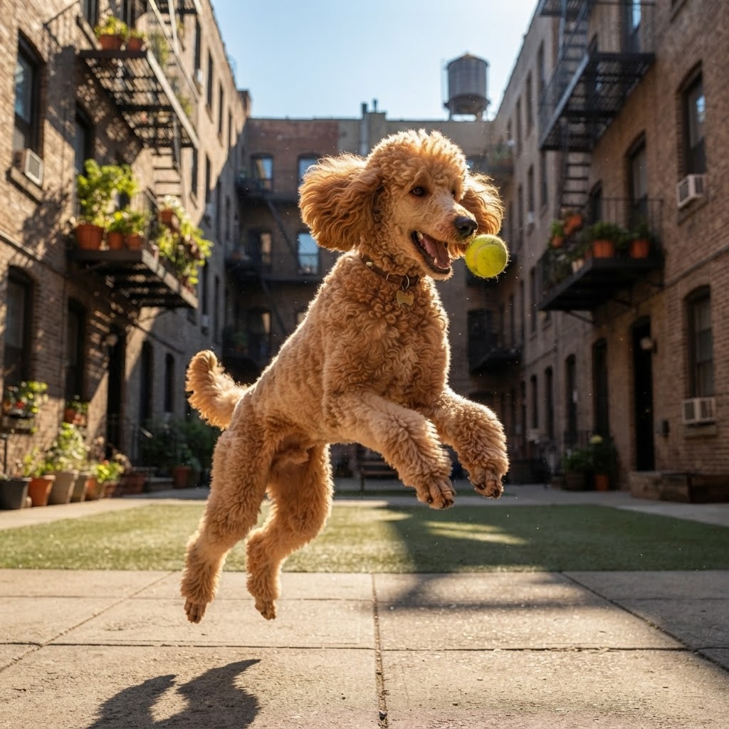 Standard Poodle - Catching Ball in Courtyard