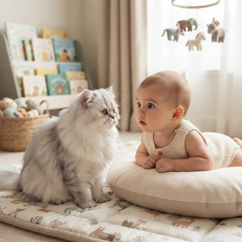 Sitting next to a baby on a play mat