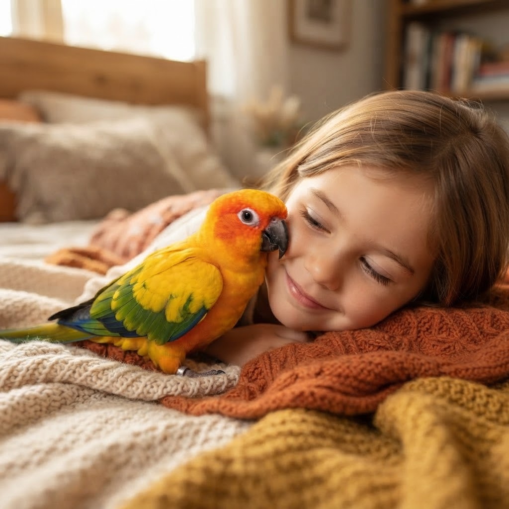 Snuggling against a child's cheek on bed