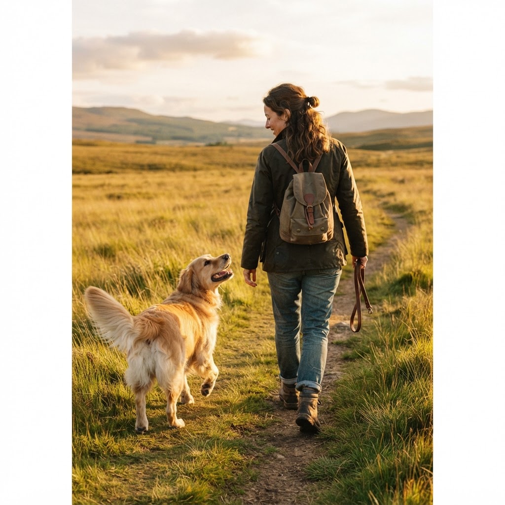 A person and their dog walking a golden-hour trail together — the life they share