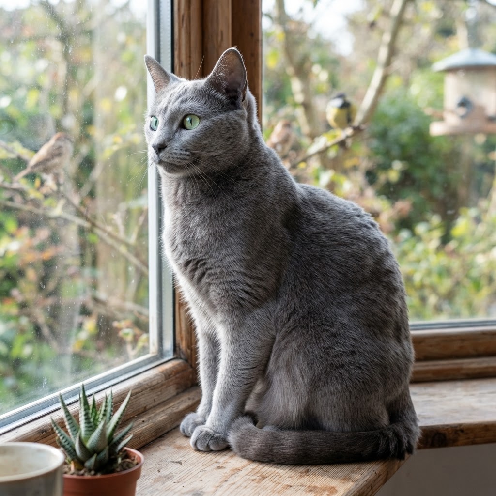 Sitting on a windowsill watching birds outside